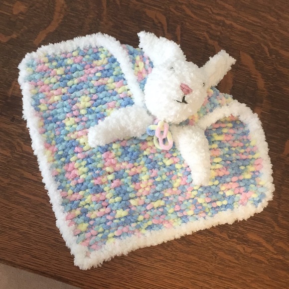Handmade Knitted Multicolour Bunny Lovey Blanket - Picture 2 of 5